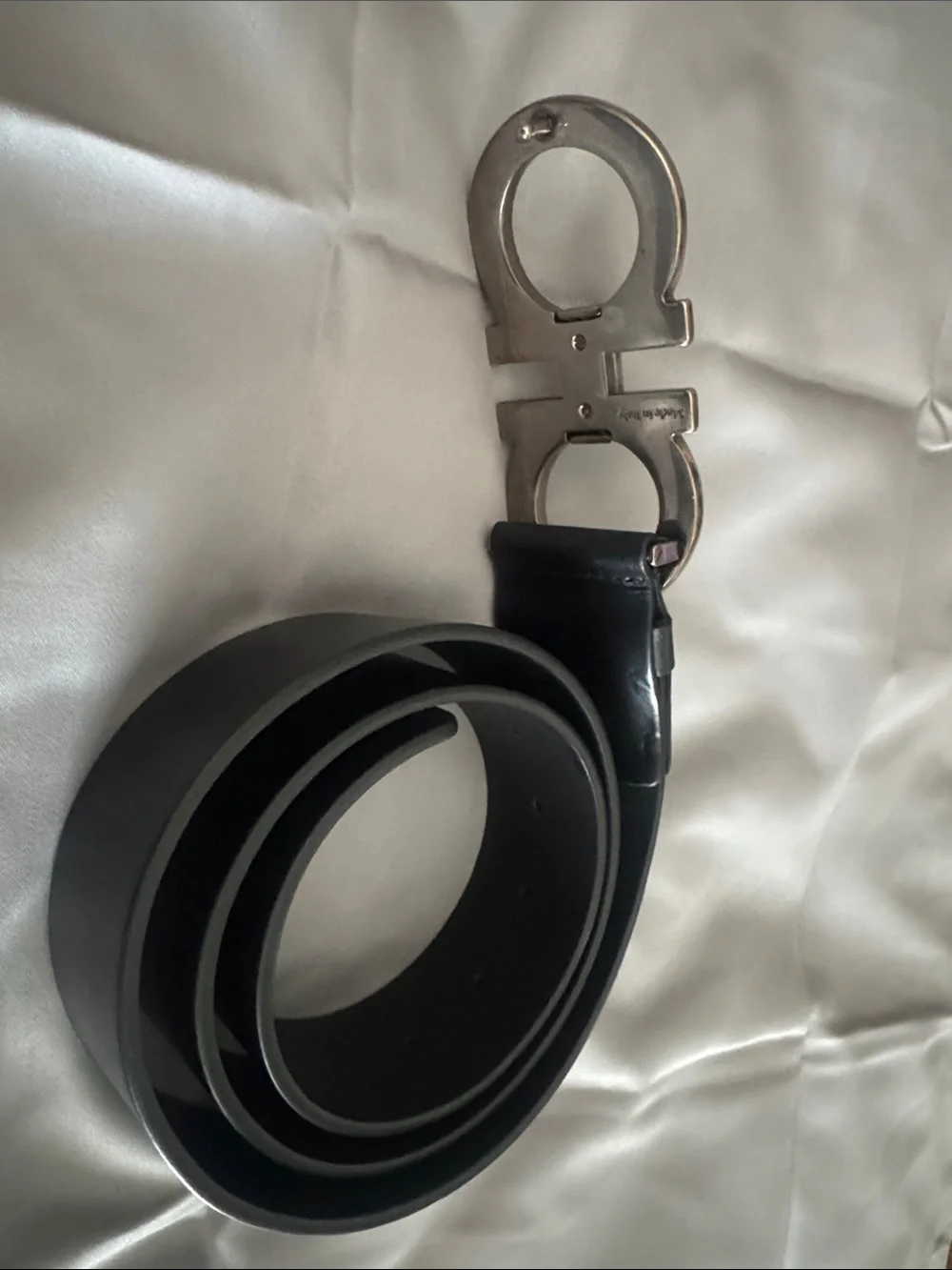 Salvatore Ferragamo Black Leather Belt with Aged Silver Gancini Buckle